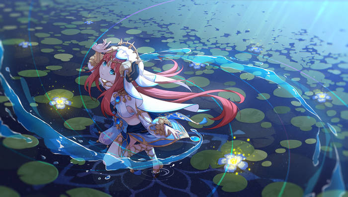 Nilou from Genshin Impact on a water lily pond