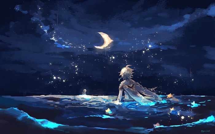 Aether in Water Under a Crescent Moon and Stars