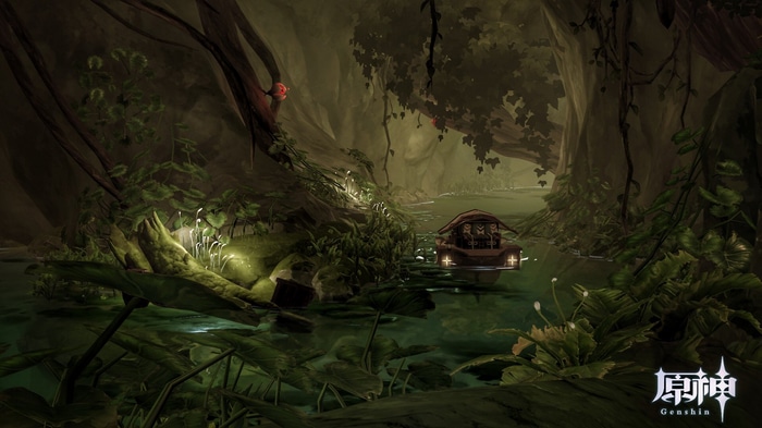 Genshin Impact boat sailing through a swampy jungle