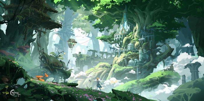 Genshin Impact: Lumine and Paimon in a forest