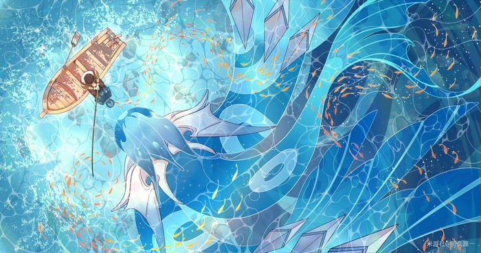 Genshin Impact: Girl in boat with sea creature and fish