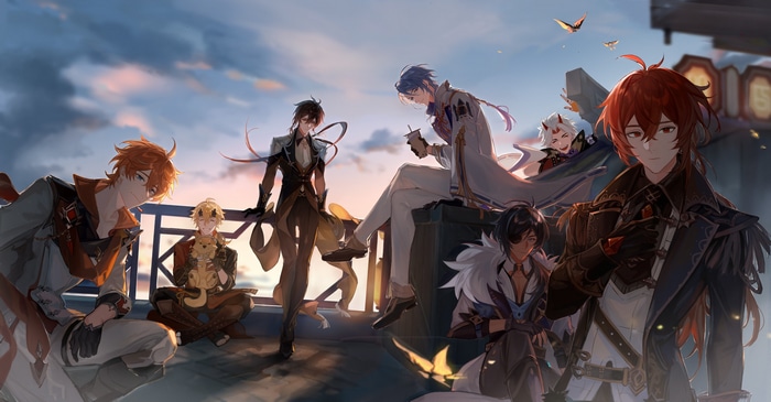 Genshin Impact characters at sunset