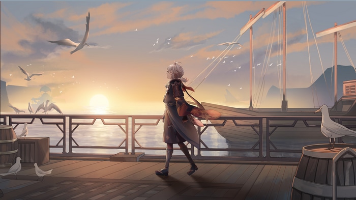 4K Anime Boy Kaedehara Kazuha on Ship at Sunset