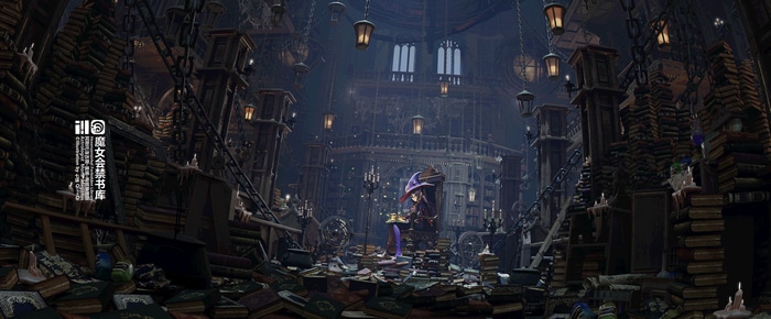 Genshin Impact Mona in a messy library