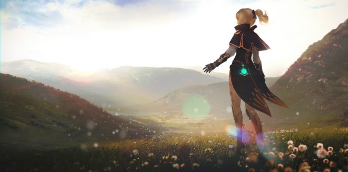 Jean from Genshin Impact overlooking a valley