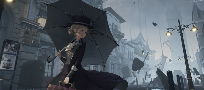 Girl with umbrella in a foggy city