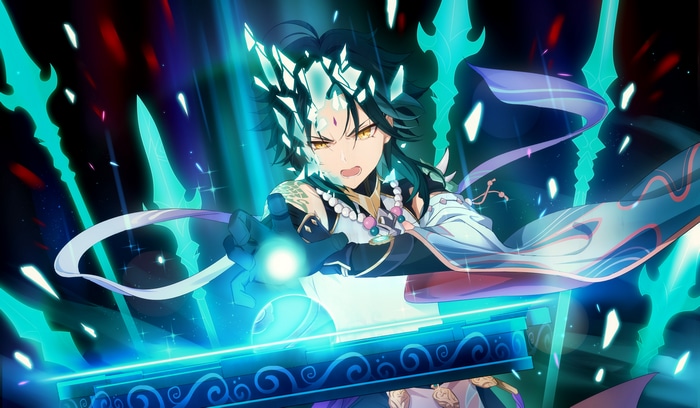 Xiao from Genshin Impact wielding a weapon