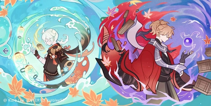 Kaedehara Kazuha and another anime boy with elemental powers