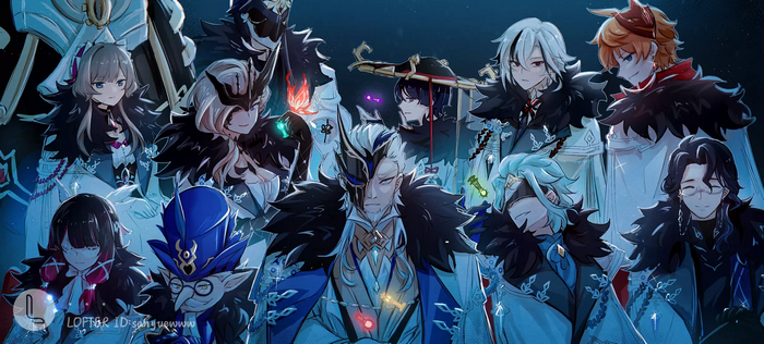 Genshin Impact characters in dark blue and white outfits