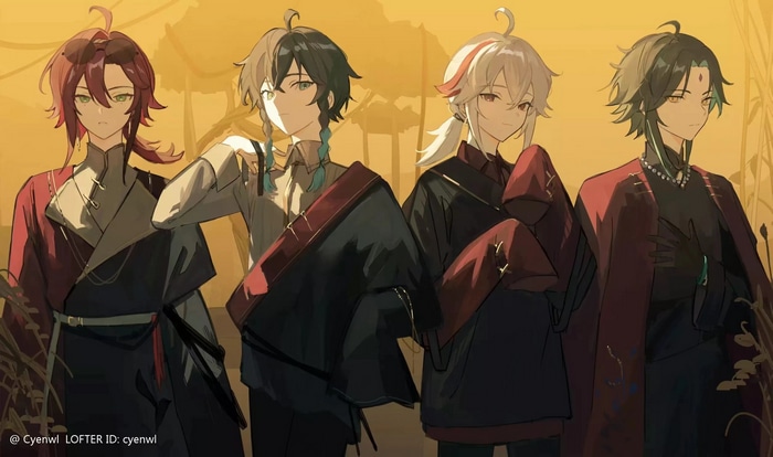 Genshin Impact characters Xiao, Kazuha, Venti, and Heizou