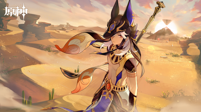 Cyno from Genshin Impact in a desert