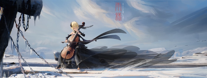 Lumine playing cello in a snowy landscape
