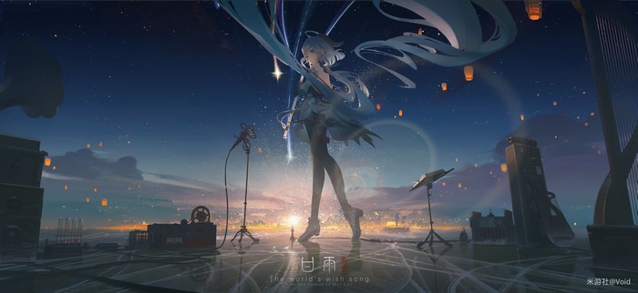 Ganyu singing "The World's Wish Song" under the night sky