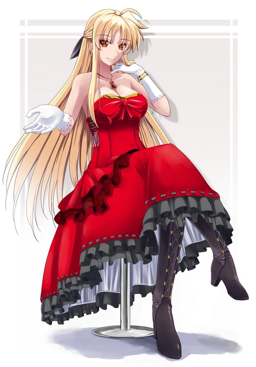 Fate Testarossa in a red dress with blonde hair