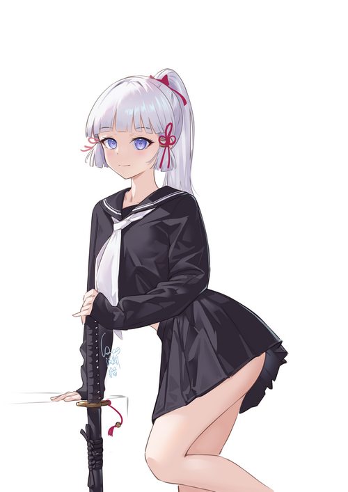 Kamisato Ayaka with a sword in a school uniform