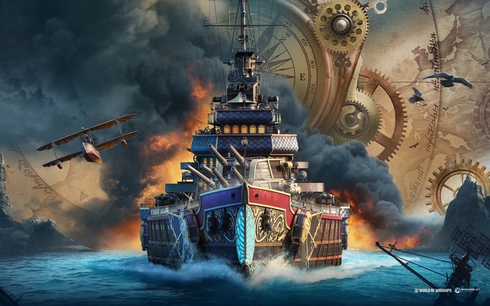 World of Warships steampunk battleship and biplane