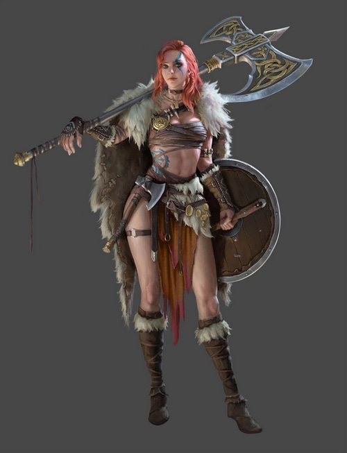 Viking warrior woman with axe and shield