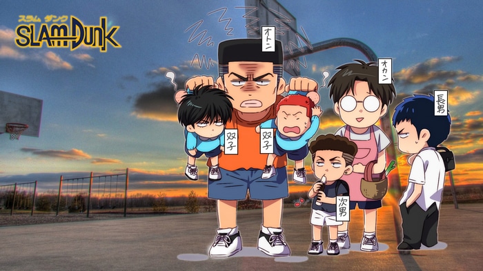 Slam Dunk characters on a basketball court at sunset