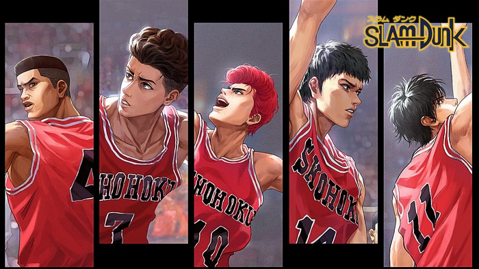 Slam Dunk Characters in Red Basketball Uniforms