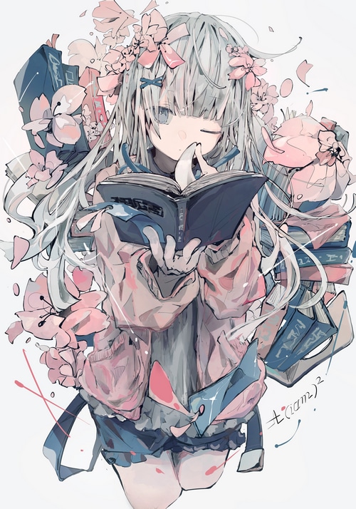 Girl with flowers and books reading