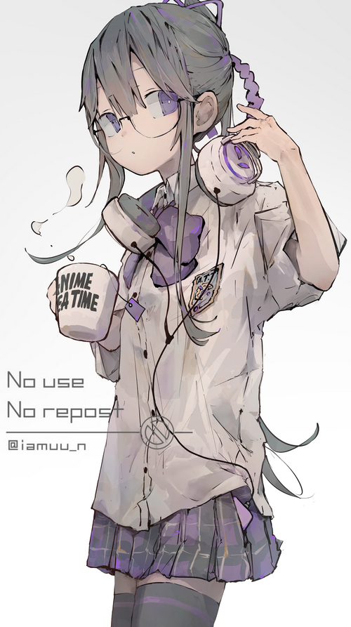 Schoolgirl with glasses and headphones holding a mug
