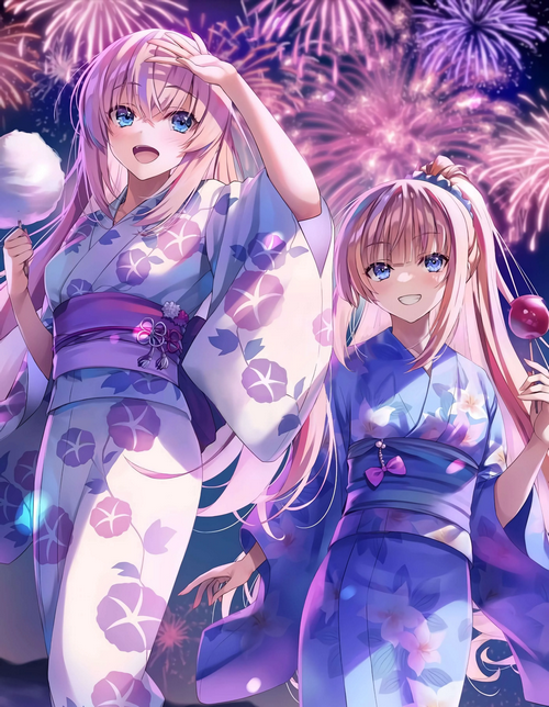 Two women in kimonos with fireworks