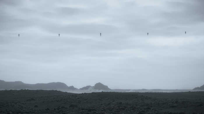 Death Stranding figures in a misty landscape