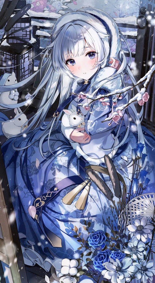 Anime girl with silver hair and rabbits in snow