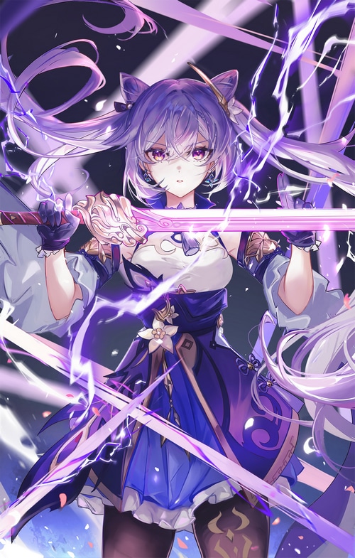 Keqing from Genshin Impact with a glowing sword