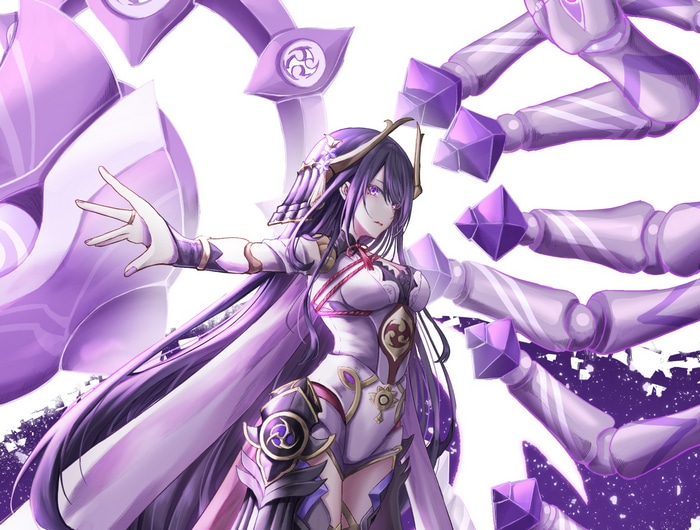 Raiden Shogun from Genshin Impact with purple mechanical arms