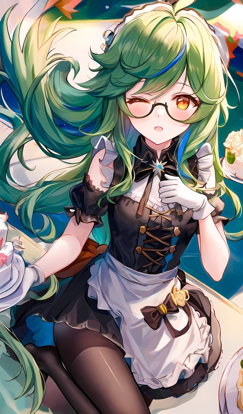 Sucrose in a maid outfit with glasses and gloves
