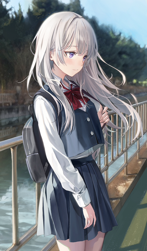Anime schoolgirl with white hair and purple eyes