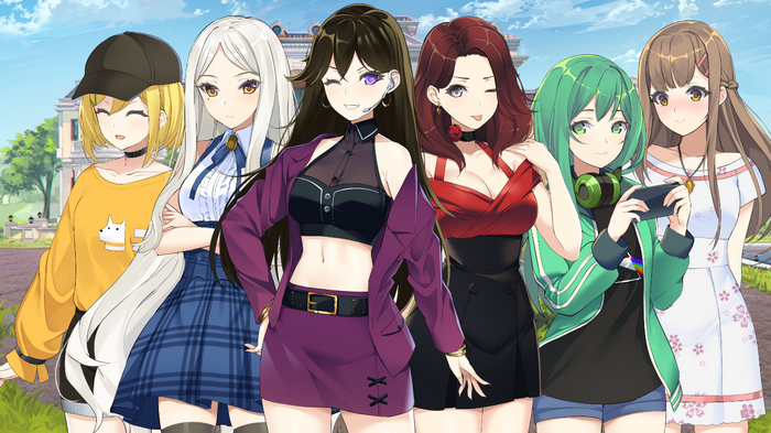 Anime girls posing in front of a building