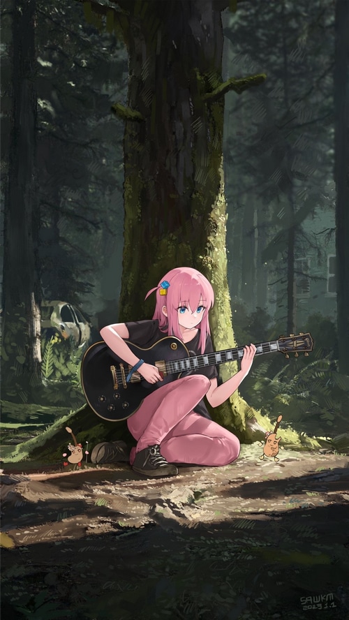 Bocchi the Rock! girl playing guitar in a forest