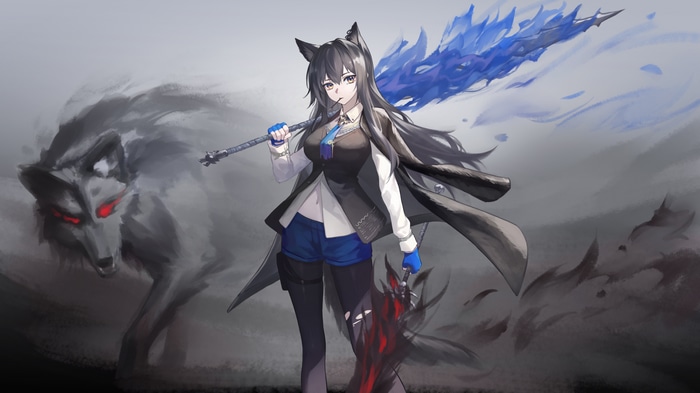 Texas The Omertosa from Arknights with wolf companion