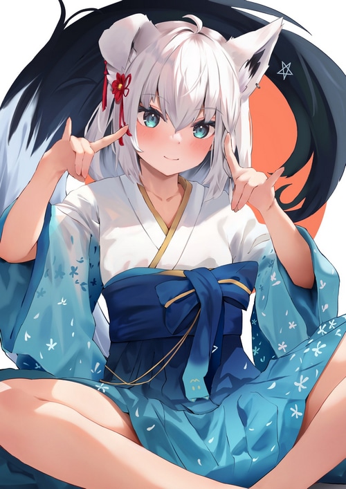 Shirakami Fubuki in a blue kimono with fox ears and tail