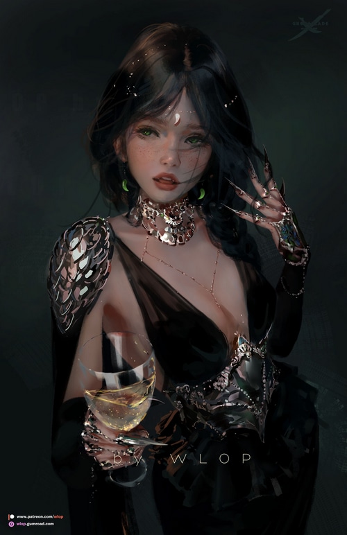 Woman in black dress holding a wine glass