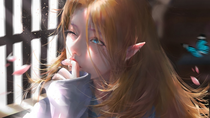 Woman with pointy ears and blue eyes