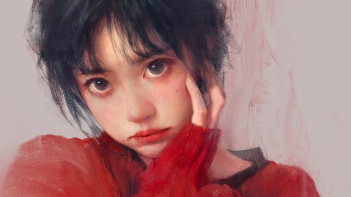 Artwork of a woman in a red sweater