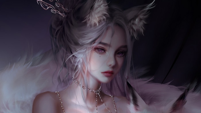 Nixeu the fox girl with purple eyes and white hair