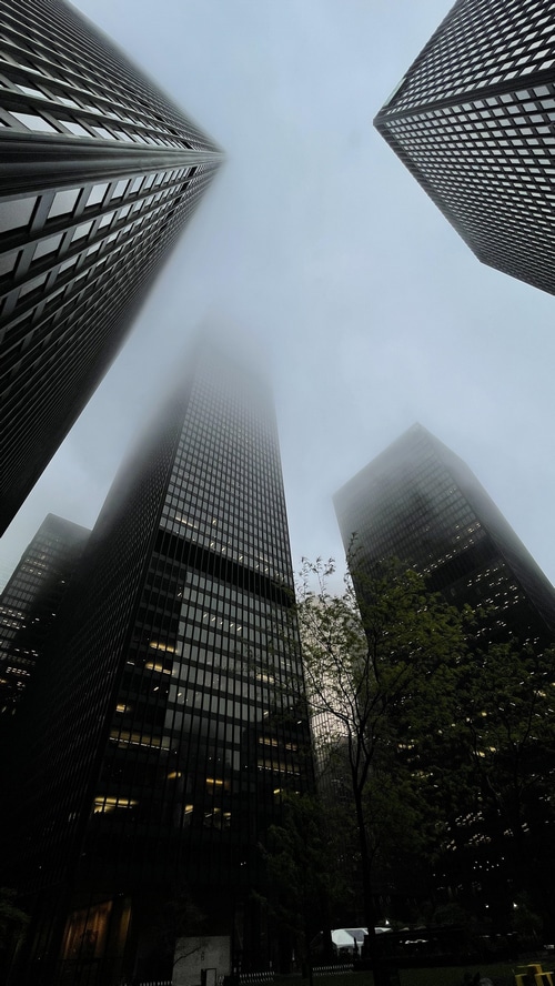 Skyscrapers in Toronto shrouded in fog