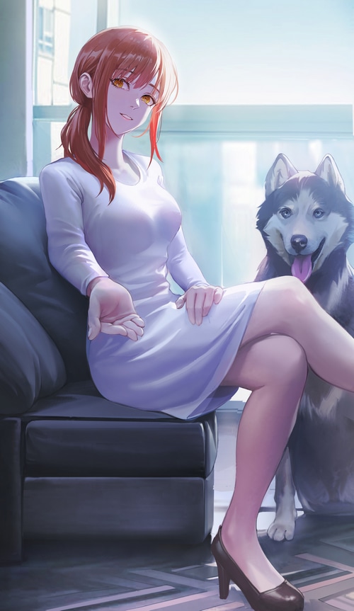 Makima with a husky dog on a couch