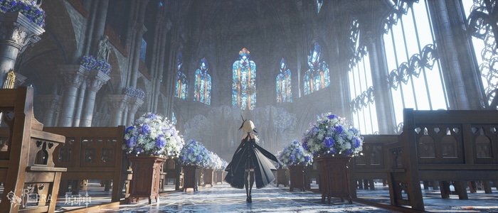 Lumine in a Cathedral with Stained Glass and Flowers
