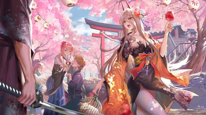 Chainsaw Man characters at a cherry blossom festival
