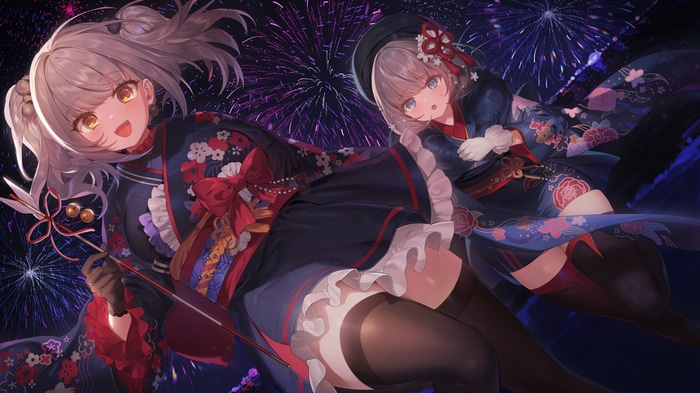 Two girls in kimonos with fireworks