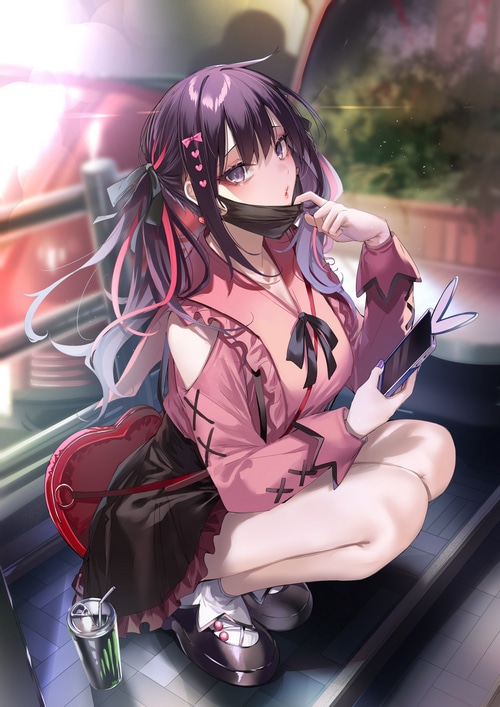 Girl in pink holding a phone and mask