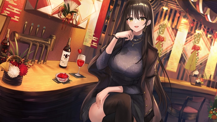 Anime girl with yellow eyes at a bar with wine and strawberries