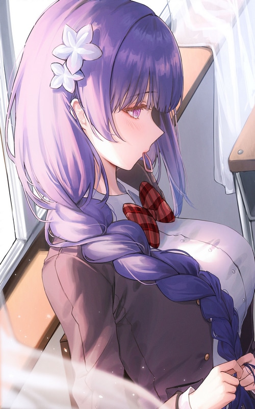 Raiden Shogun with purple hair and eyes in school uniform