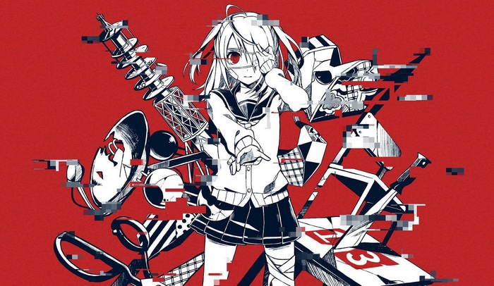 Anime girl with eyepatch and scissors on red background