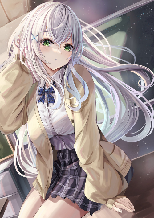 Anime girl with braids and green eyes in school uniform
